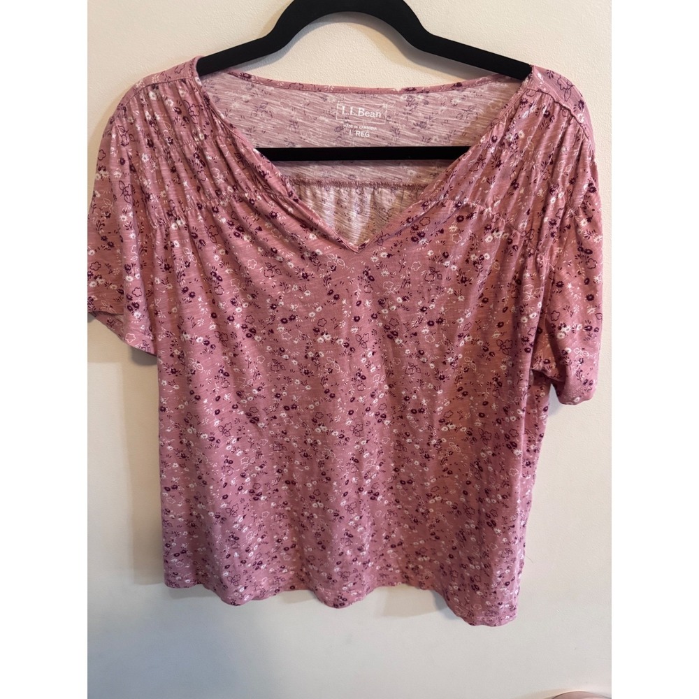 L.L.Bean Women's Floral Slub Knit Top Mauve Pink Split V-Neck Short Sleeve Size